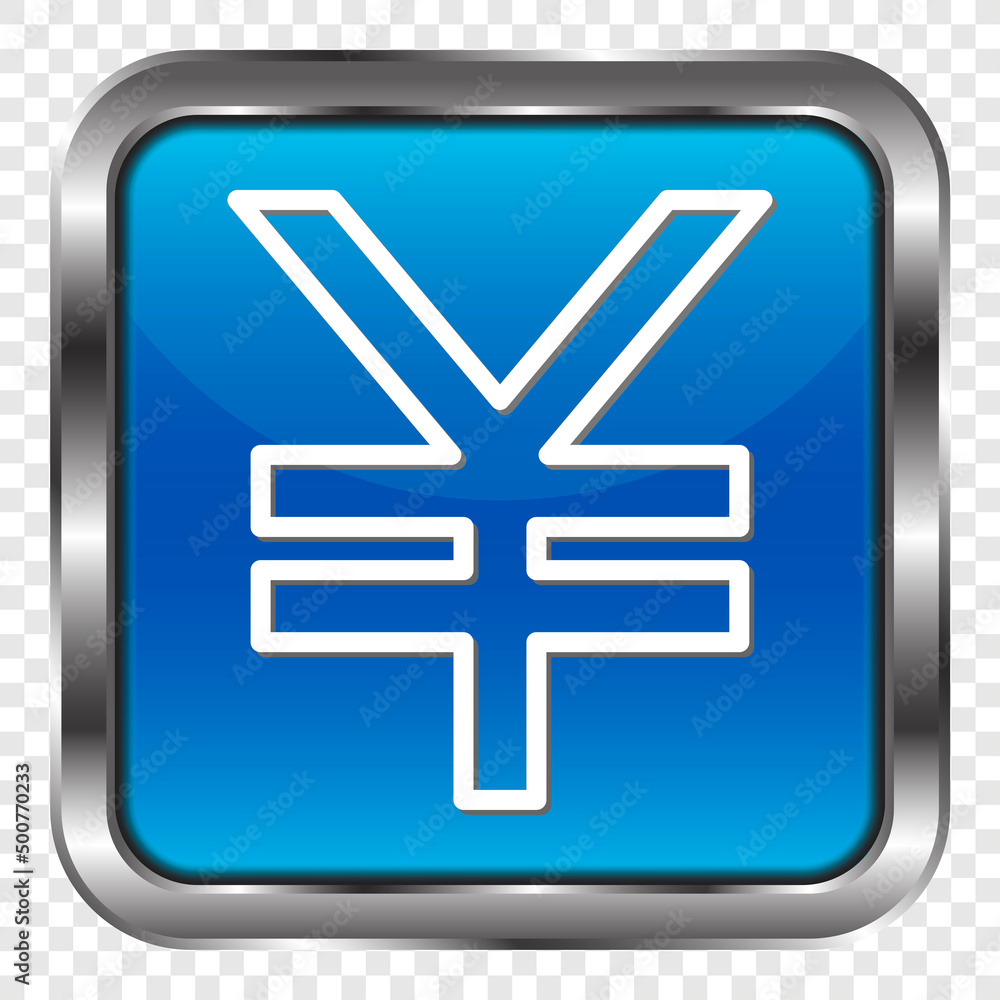 Obraz premium Yen simple icon vector. Flat design. Metal, blue square button. Transparent grid.ai