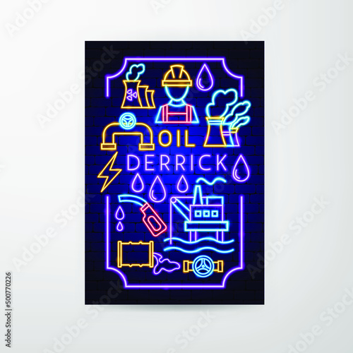 Oil Derrick Neon Flyer. Vector Illustration of Industrial Promotion.