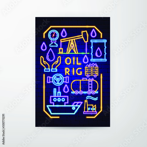Oil Rig Neon Flyer. Vector Illustration of Industrial Promotion.