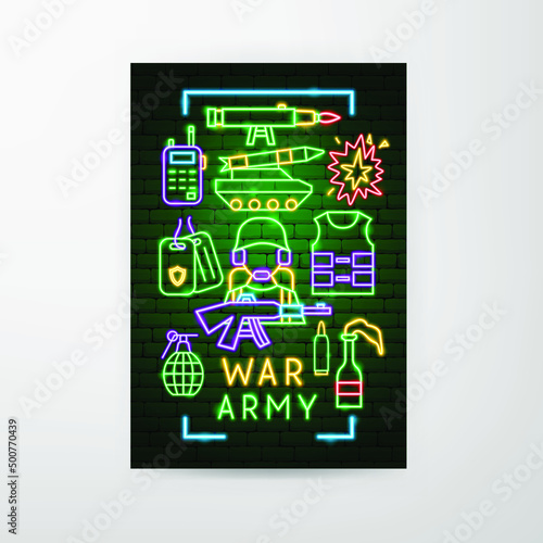 War Army Neon Flyer. Vector Illustration of Military Promotion.