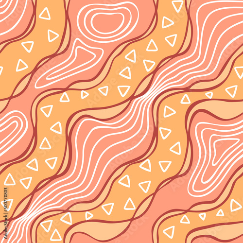 Seamless pattern with wavy lines and stripes with geometric shapes.Contemporary collage endless background and texture for printing on fabric and paper.Vector colorful hand drawn illustration. 