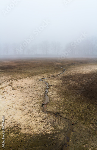 Dry sand texture on released pond ground with small stream in misty fog. Czech landscape