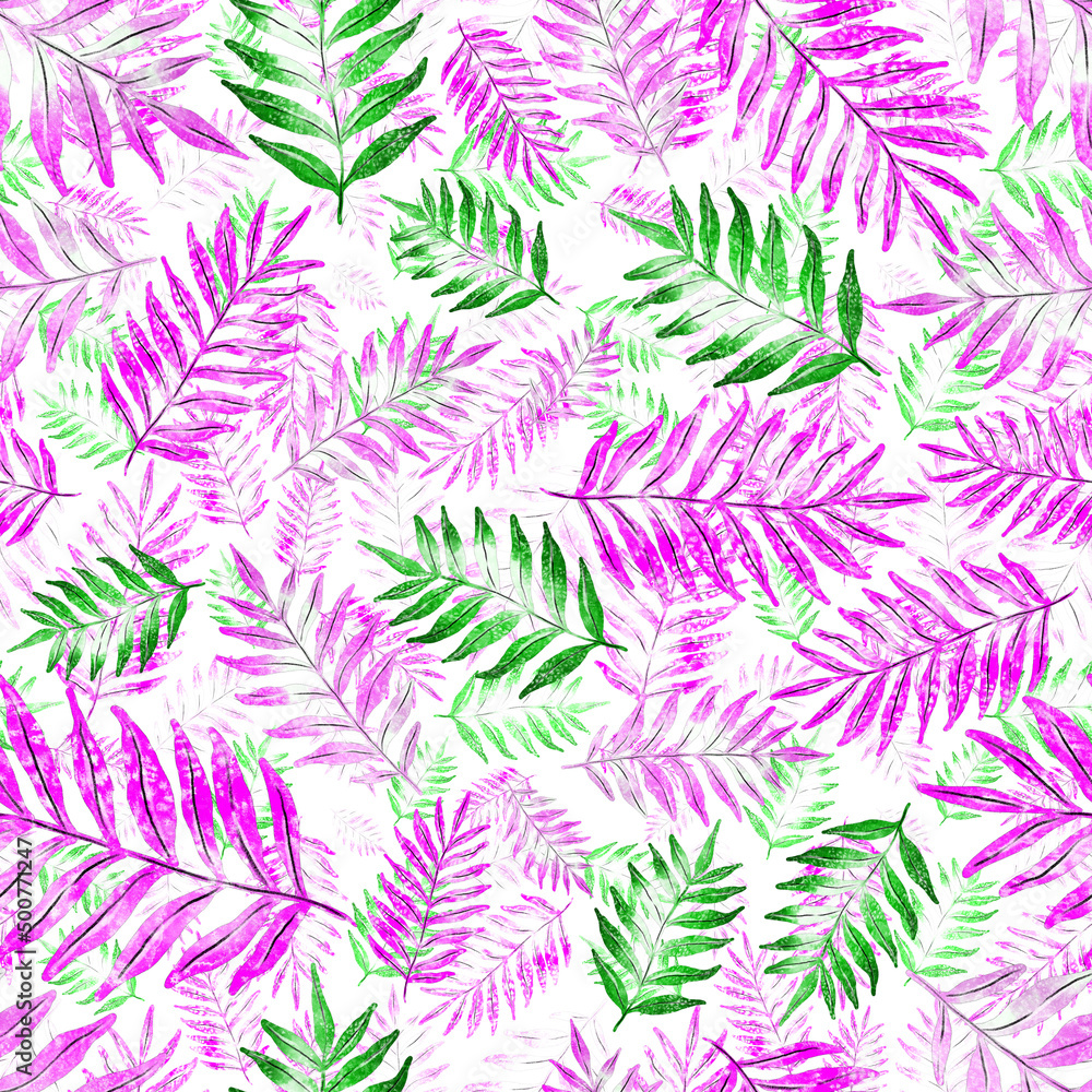 Watercolor seamless pattern with colorful abstract tropical leaves. Bright summer print with exotic plants. Creative trendy botanical textile design.	