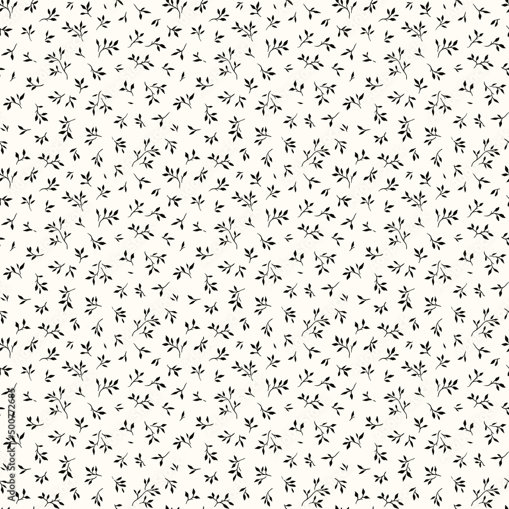 Cute floral pattern in the small leaves. Seamless vector texture. Elegant template for fashion prints. Printing with small black flowers. White background. Stock print. - obrazy, fototapety, plakaty 