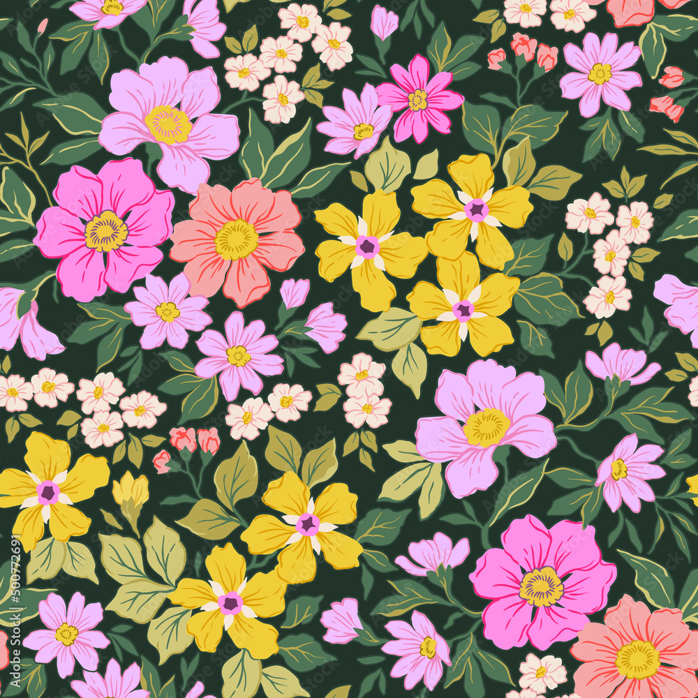 Seamless floral pattern. Beautiful bouquet of yellow and small pink flowers. Bright flowers on black background in trendy fashion oriental style. Stock vector for prints on surface design. Seamless floral pattern. Beautiful bouquet of yellow and small pink flowers. Bright flowers on black background in trendy fashion oriental style. Stock vector for prints on surface design.