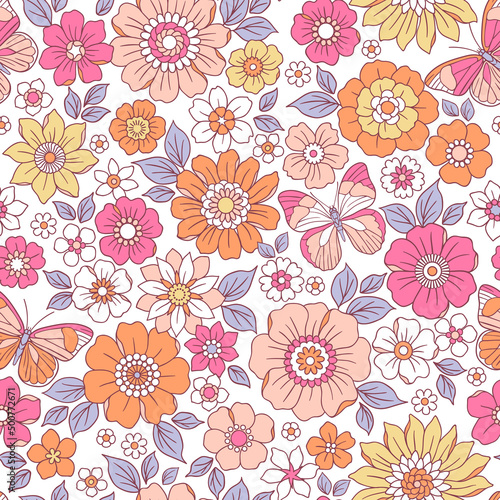 Colorful 60s -70s style retro hand drawn floral pattern. Multicolored flowers. Vintage seamless vector background. Hippie style, print for fabric, swimsuit, fashion prints and surface design. Stock. © ann_and_pen