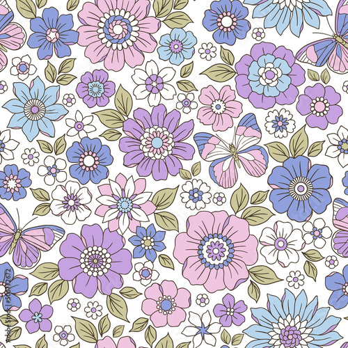 Colorful 60s -70s style retro hand drawn floral pattern. Purple flowers. Vintage seamless vector background. Hippie style, print  for fabric, swimsuit, fashion prints and surface design. Stock.