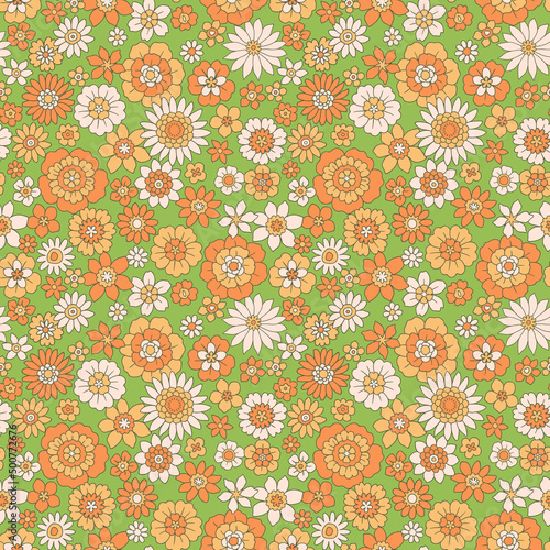 Colorful 60s -70s style retro hand drawn floral pattern. Multicolored flowers. Vintage seamless vector background. Hippie style, print  for fabric, swimsuit, fashion prints and surface design. Stock.