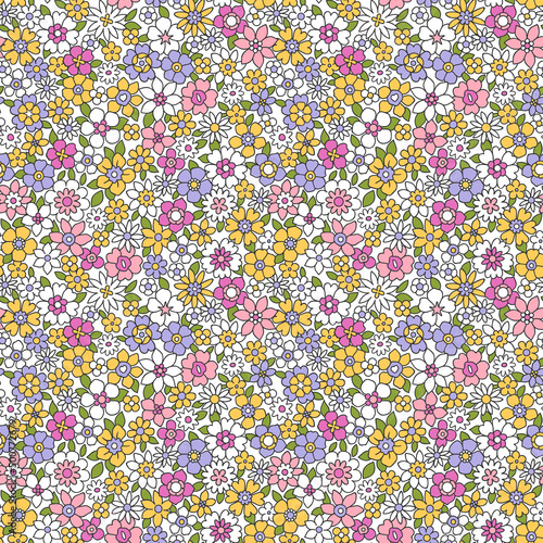 Colorful 60s -70s style retro hand drawn floral pattern. Multicolored flowers. Vintage seamless vector background. Hippie style, print  for fabric, swimsuit, fashion prints and surface design. Stock.