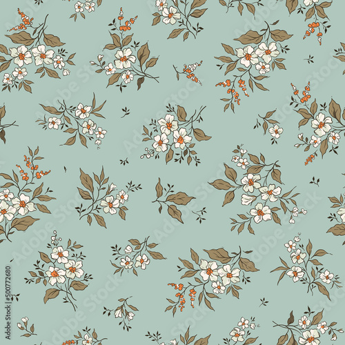 Vintage floral background. Floral pattern with small white flowers on a pale blue background. Seamless pattern for design and fashion prints. Ditsy style. Stock vector illustration.