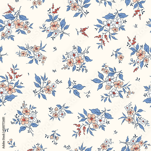 Vector seamless pattern. Pretty pattern in small flowers. Elegant floral pattern in small white flowers. Liberty style. Floral seamless background for fashion prints. Ditsy print. Spring bouquet.