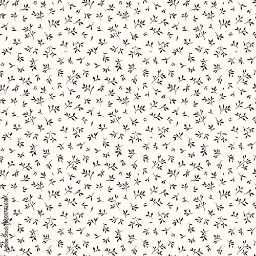 Cute floral pattern in the small leaves. Seamless vector texture. Elegant template for fashion prints. Printing with small black flowers. White background. Stock print.