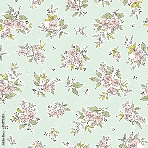 Cute floral pattern in the small flowers. Seamless vector texture. Elegant template for fashion prints. Printing with small pink rose flowers. Pale blue background.