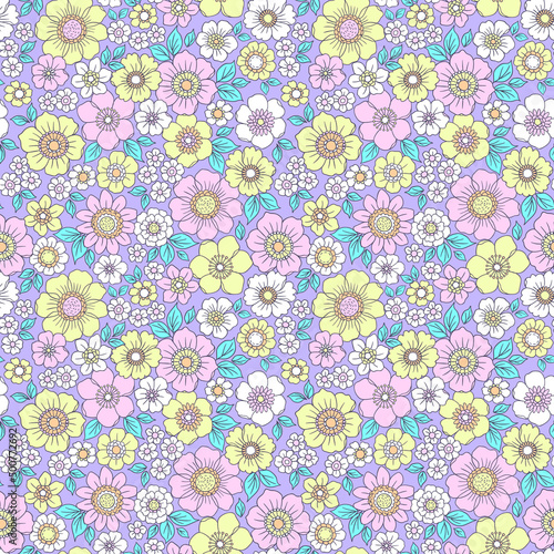 Vector seamless pattern. Pretty pattern in small flowers. Small colorful pastel flowers. Pale lilac background. Ditsy floral background. The elegant the template for fashion prints. Stock vector.