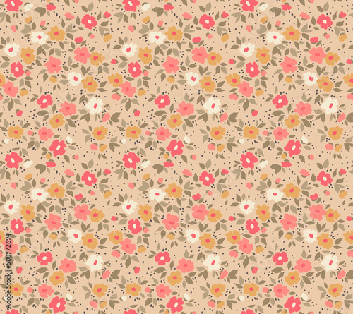 Vintage floral background. Floral pattern with small colorful flowers on a beige background. Seamless pattern for design and fashion prints. Ditsy style. Stock vector illustration.
