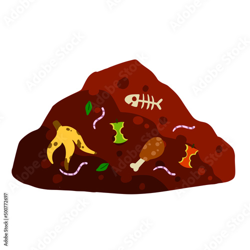 Compost soil. Pile of earth with worms. Farming and food waste. Ecological humus. Flat cartoon