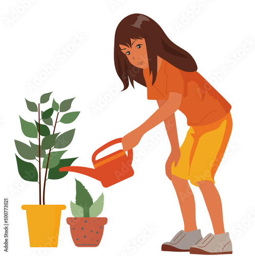 Girl watering indoor plants.Ecology and environmental protection.Vector,isolated.