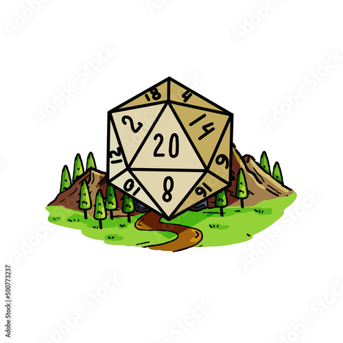 Dungeon and dragons board game. Dice d20 and cartoon cave entrance.