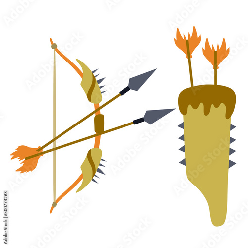 Bow and arrow. Taut bowstring. Fantastic weapons. Set of objects. Flat cartoon illustration. Shooting and hunting element