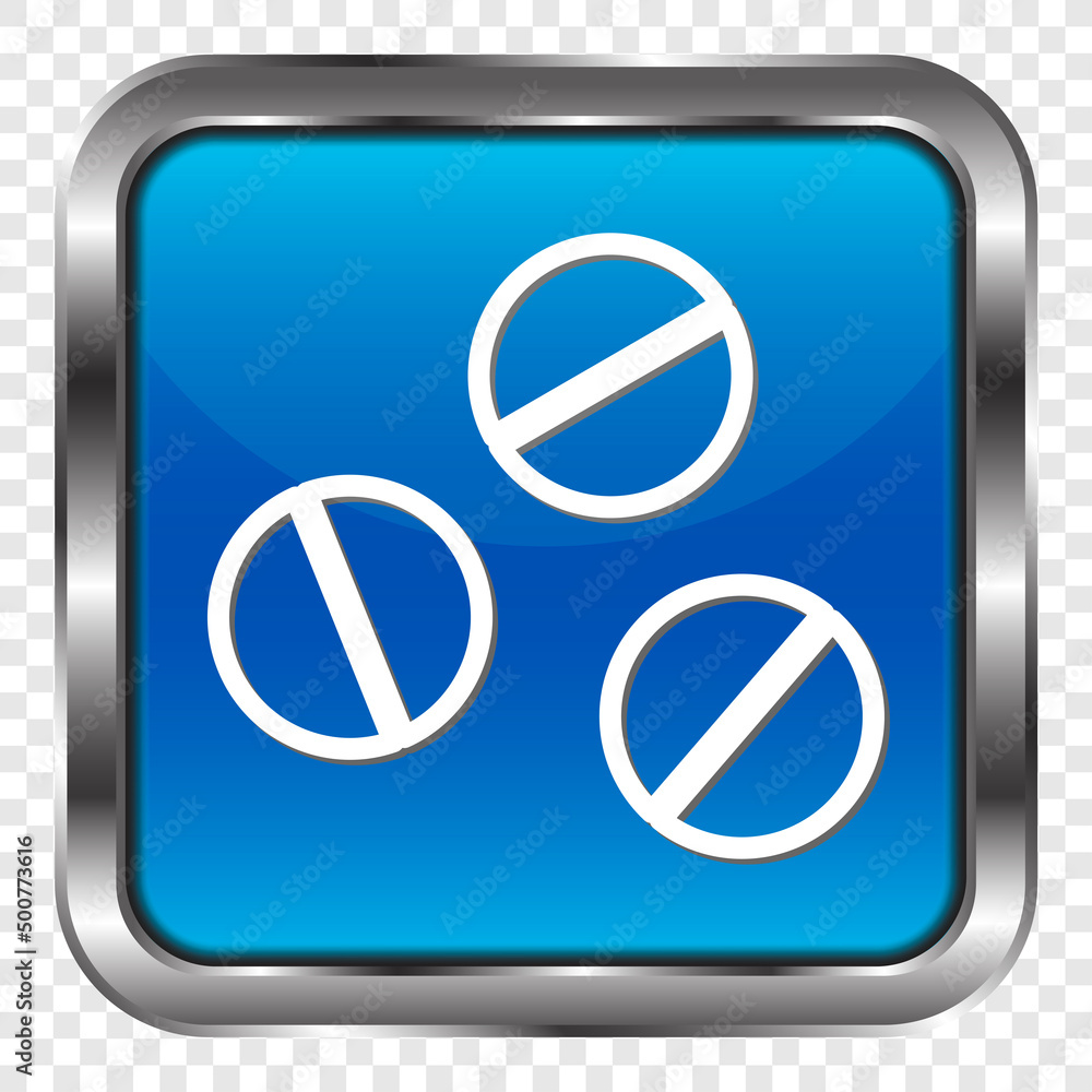 Pills simple icon. Flat design. Metal, blue square button. Transparent grid.ai