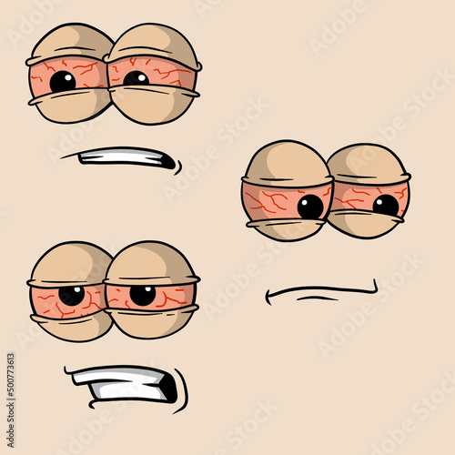 Tired face with red eyes. Stoned or drunk character. Symptom of intoxication and illness. Set of funny mouths and emotions.