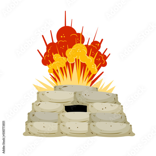 Explosion in barricades. Military operations and sandbag fortifications. Assault and war. Modern conflict.