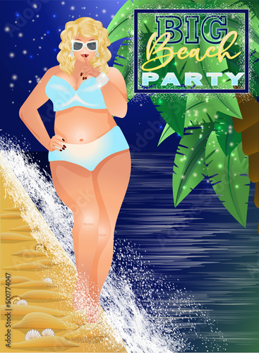 Big beach party invitation card. Plus size pretty woman on the beach, vector illustration