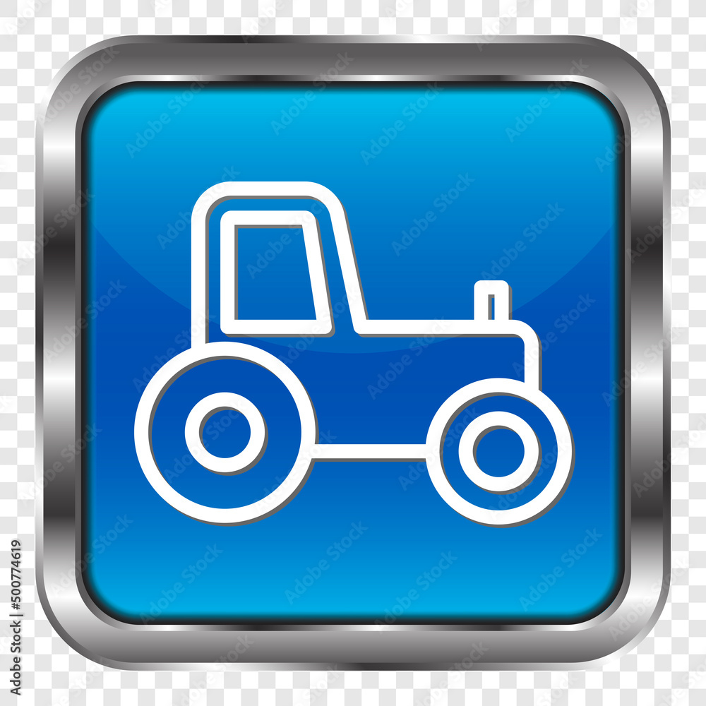 Tractor simple icon. Flat design. Metal, blue square button. Transparent grid.ai Tractor simple icon. Flat design. Metal, blue square button. Transparent grid.ai