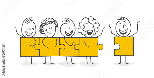 Stick figures. Signs, Business, Success. Smiling Stick Figure Stickman Are Connected Vector. Team metaphor. Business concept. Vector.