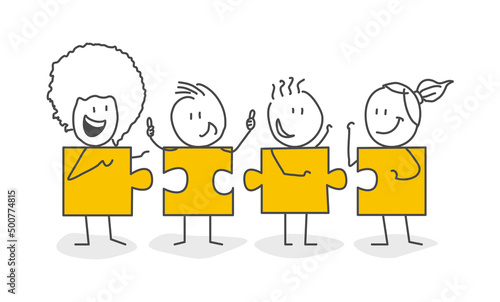 Stick figures. Signs, Business, Success. Smiling Stick Figure Stickman Are Connected Vector. Team metaphor. Business concept. Vector.
