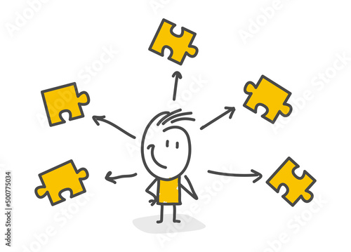 Stick figures. Signs, Business, Success. Man with puzzle pieces. Business concept. Vector.