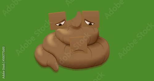 Pile of poo very sad and frustrated with a disappointed look directed downwards in perspective on a transparent and green background. Looped animation with a built-in alpha channel in 4k.