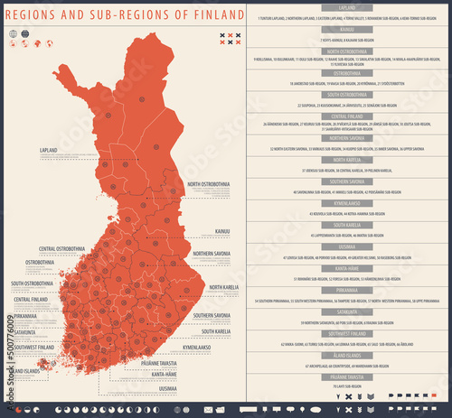 Infographic map of Finland with administrative division into regions and sub-regions
