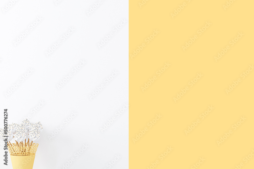Toys and yellow background, wall mockup for frame, poster, logo Toys and yellow background, wall mockup for frame, poster, logo