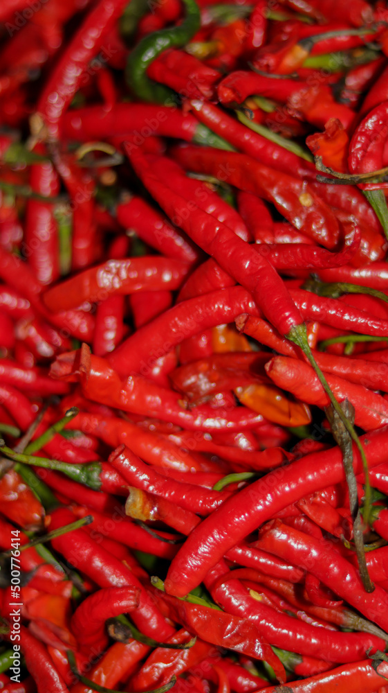 Red chili peppers close up - red chili in the supermarket