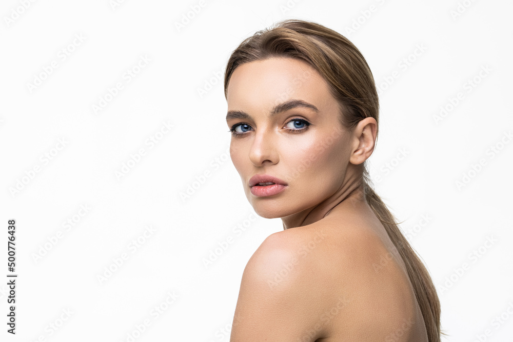 Portrait of a beautiful female model skincare face make up on white background Portrait of a beautiful female model skincare face make up on white background