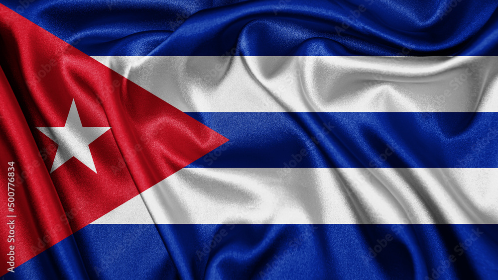 Naklejka premium Close up realistic texture fabric textile silk satin flag of Cuba waving fluttering background. National symbol of the country. 10th of October, Happy Day concept