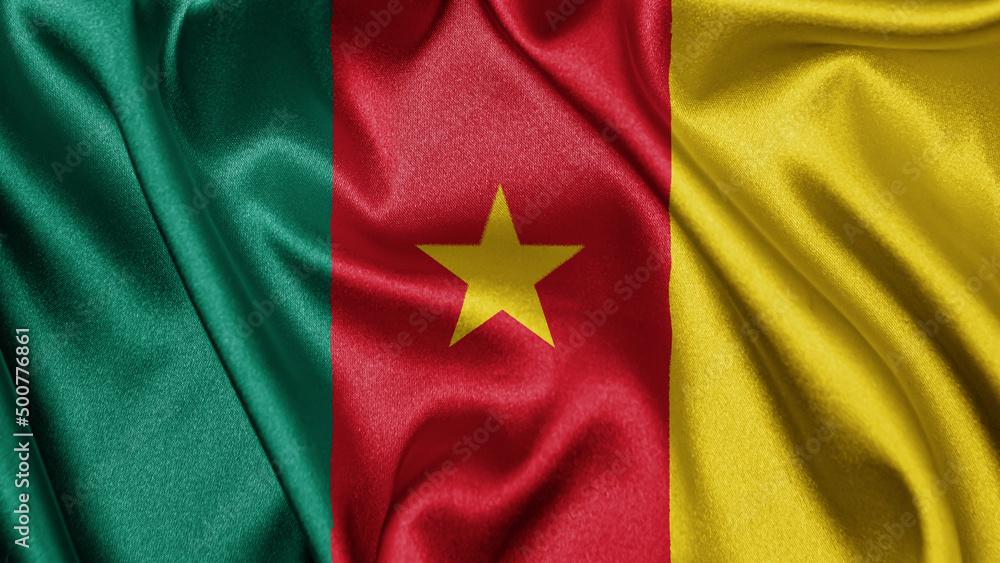 Close up realistic texture fabric textile silk satin flag of Cameroon waving fluttering background. National symbol of the country. 20th of May, Happy Day concept