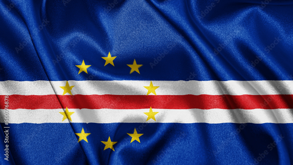 Close up realistic texture fabric textile silk satin flag of Cape Verde waving fluttering background. National symbol of the country. 5th of July, Happy Day concept Close up realistic texture fabric textile silk satin flag of Cape Verde waving fluttering background. National symbol of the country. 5th of July, Happy Day concept