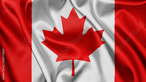 Close up realistic texture fabric textile silk satin flag of Canada waving fluttering background. National symbol of the country. 1st of July, Happy Day concept