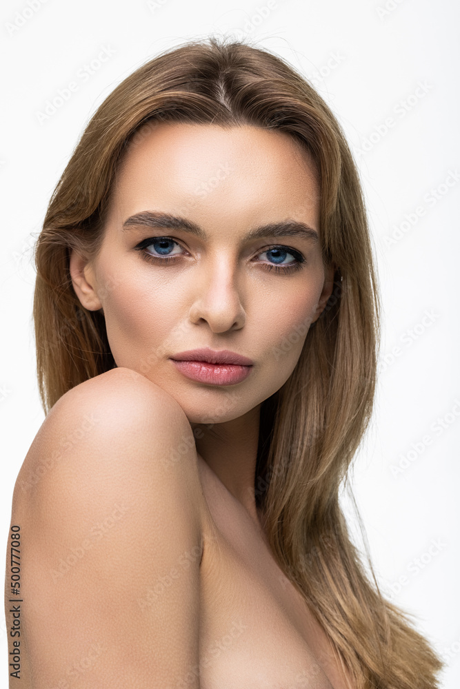Beauty portrait of model with natural make-up. Fashion shiny highlighter on skin, sexy gloss lips make-up Beauty portrait of model with natural make-up. Fashion shiny highlighter on skin, sexy gloss lips make-up