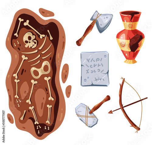 Human remains skeleton with personal stuff tools excavations concept. Vector flat graphic design illustration