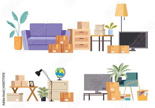 Moving home stacks deliver furniture box package to new house concept. Vector flat graphic design illustration