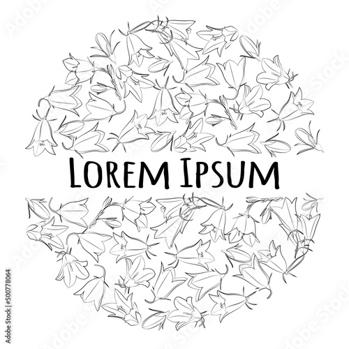 A set of black and white bellflowers in a circle with an inscription in the middle. Vector graphics