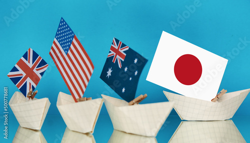 ships with flags of Australia, United States and United Kingdom as new military alliance security pact between countries