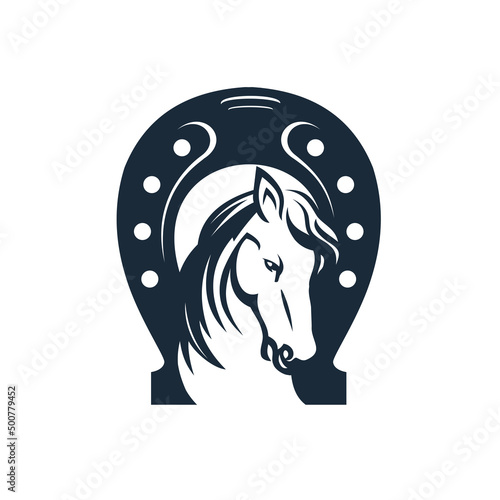 Silhouettes of horses and horseshoe combination for western countryside retro rural ranch logo design