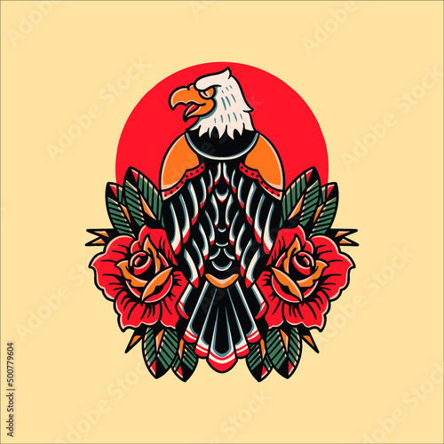 eagle and roses tattoo vector design