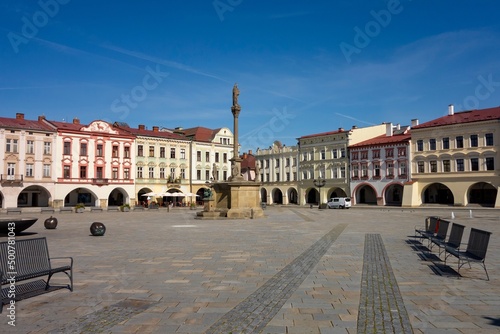 Masarykovo namesti town square with plague column in Novy Jicin, Czechia