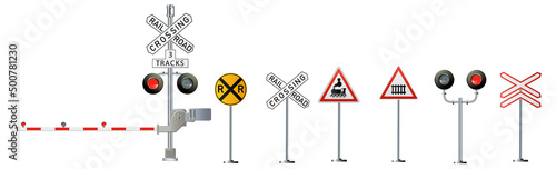 Railway signs set isolated on a white background. Vector railroad traffic light