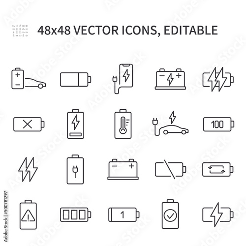 Simple vector line icons. Contains icons such as battery, car charging, phone charging, battery charging and more.